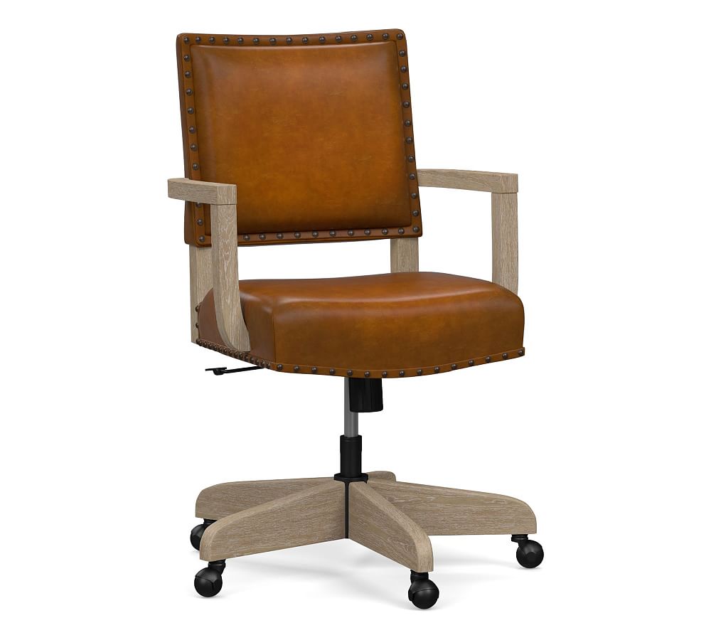 Manchester Leather Swivel Desk Chair, Burnished Bourbon, Seadrift Frame