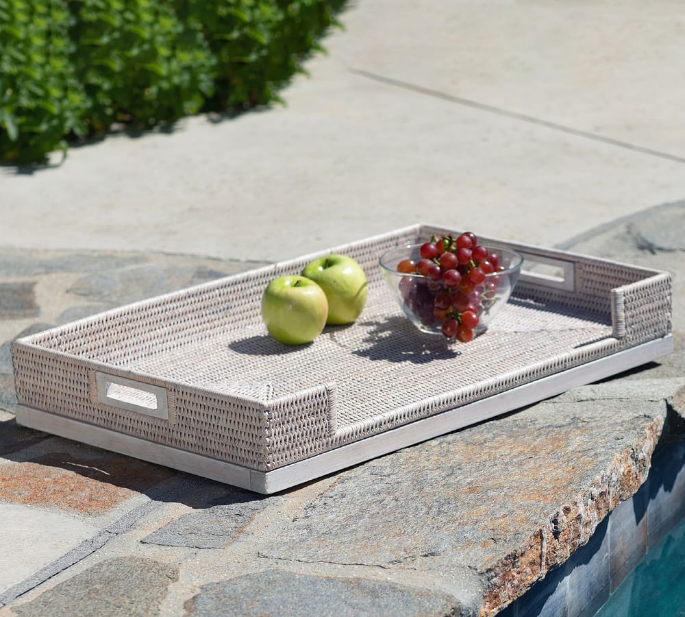 Tava Handwoven Rattan Serving Tray with Stand Pottery Barn