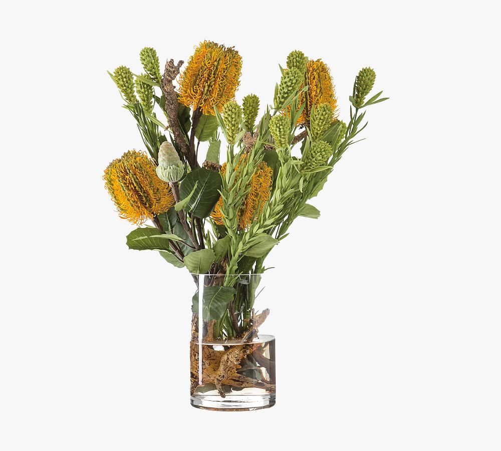 Faux Leucadendron & Bankisa Arrangement In Glass Vase