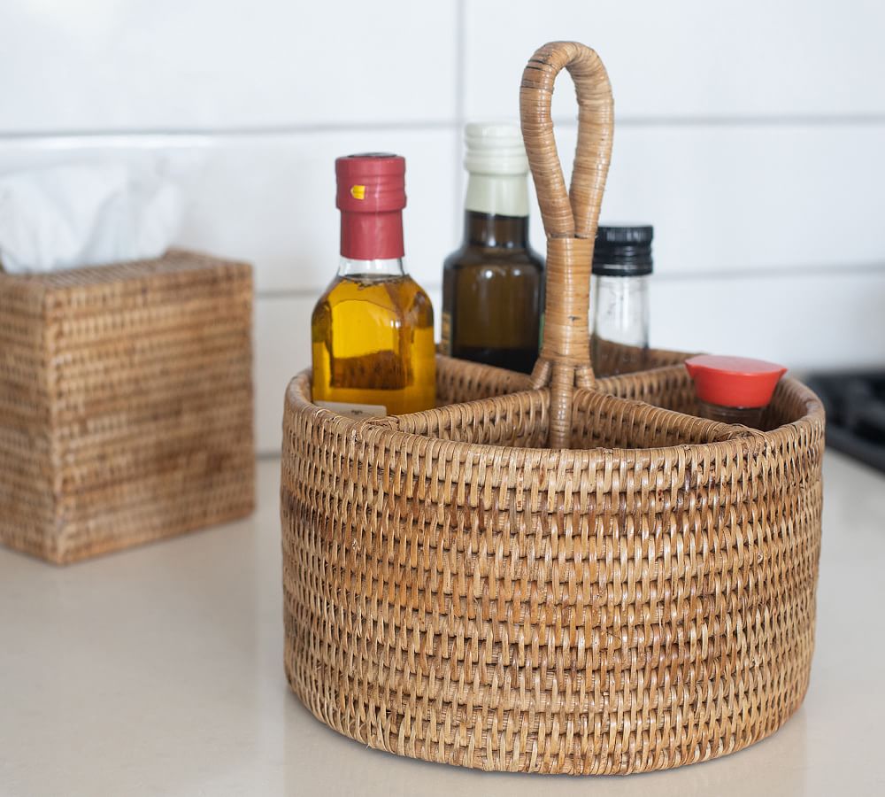 Tava Handwoven Rattan Round Flatware Caddy | Pottery Barn