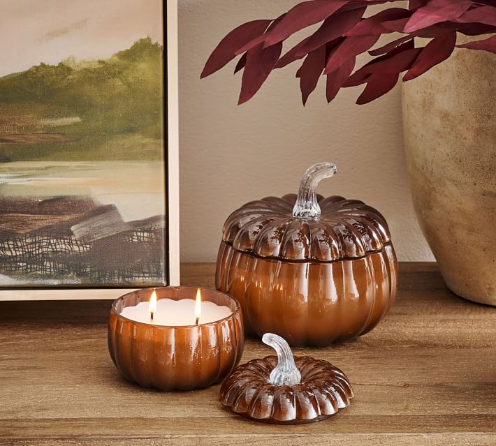 Handcrafted Pumpkin Lidded Recycled Glass Candles - Harvest Spice