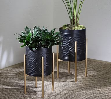 Bella Patterned Raised Planters with Gold Stand - Set of 2 | Pottery Barn