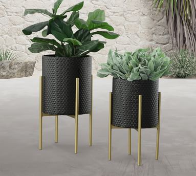 Bella Patterned Raised Planters with Gold Stand - Set of 2 | Pottery Barn