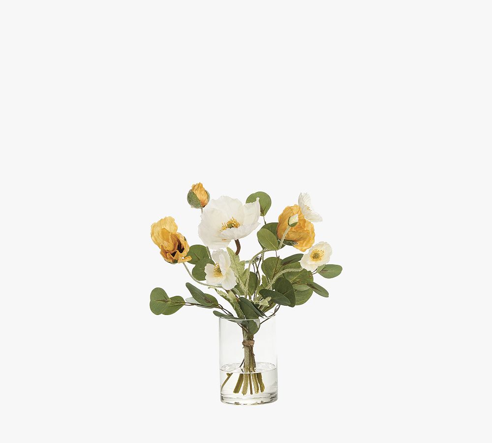 Faux Yellow & White Poppy Arrangement Glass Vase