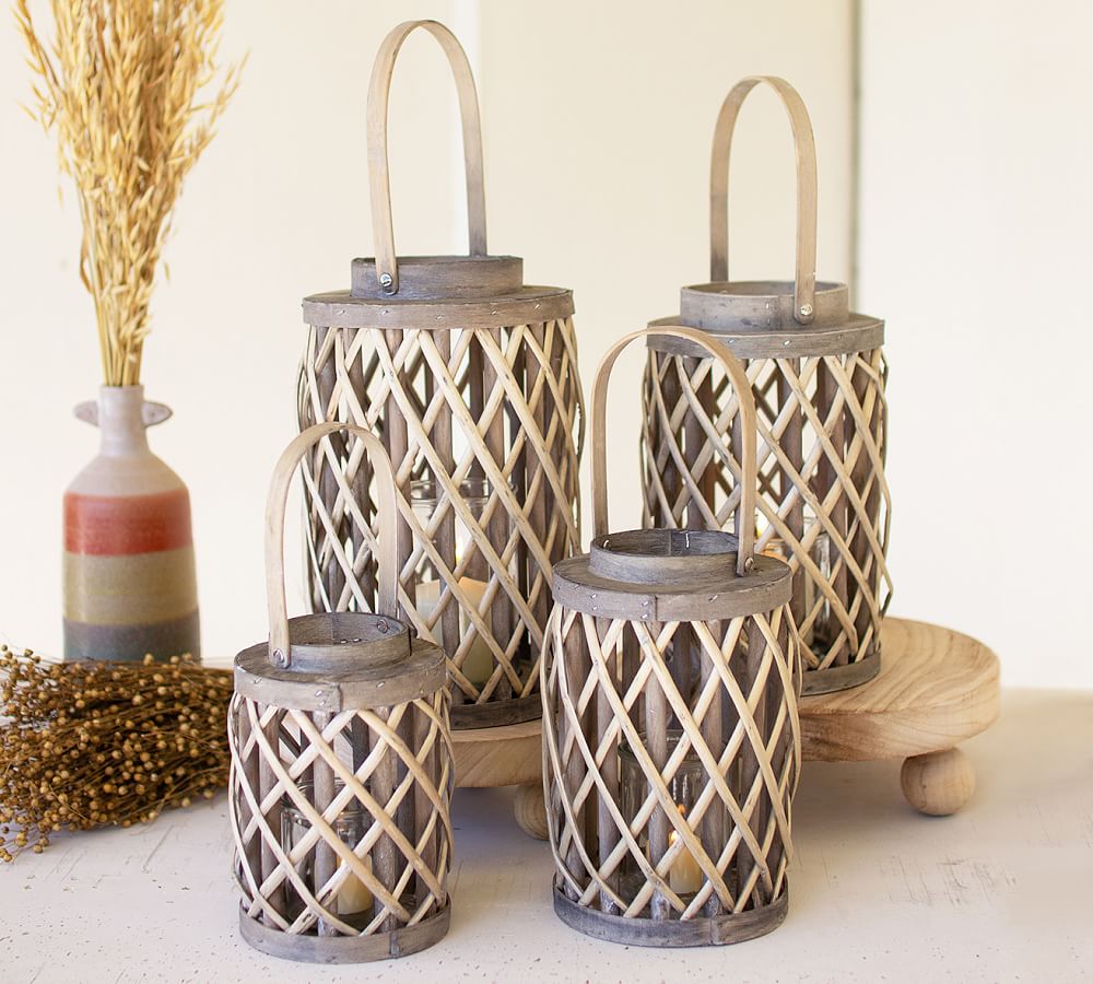 Gray Willow Lanterns With Glass Cylinder, Set of 4