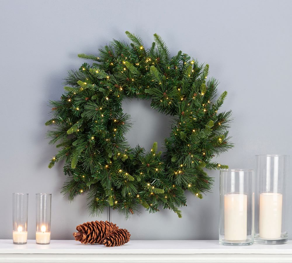 24" Artificial Evergreen Wreath With Lights Pottery Barn