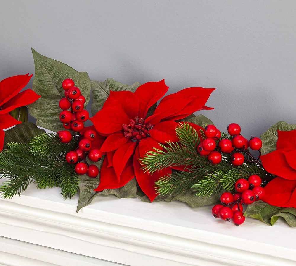 Faux Poinsettia And Berry Garland - Set of 2