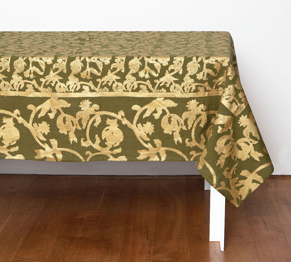 Golden Holiday Belgian Linen Blockprint Tablecloth