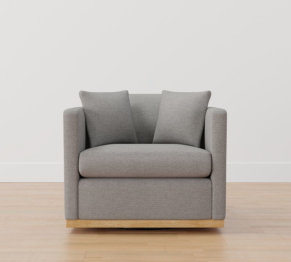 Ayden Barrel Upholstered Swivel Armchair with Wood Base Pottery Barn