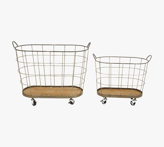 Metal & Wooden Baskets With Wheels Set of 2 Pottery Barn