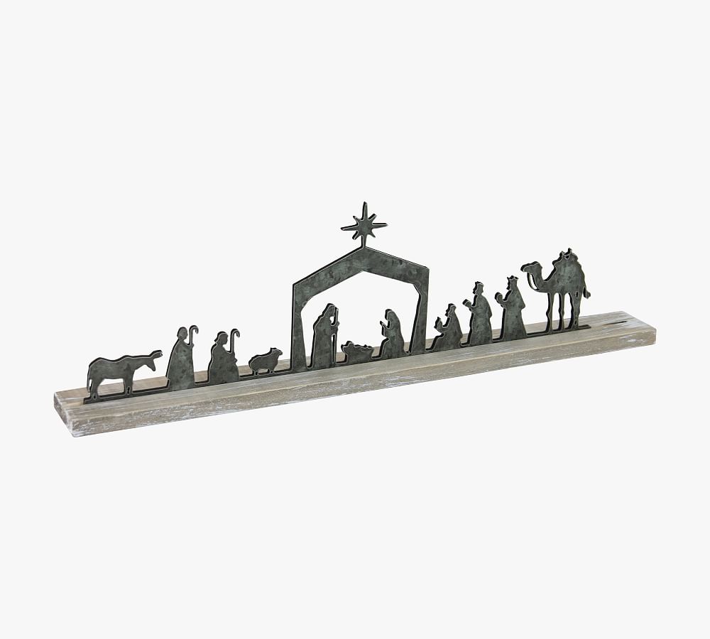 Metal Nativity Scene On Wooden Stand