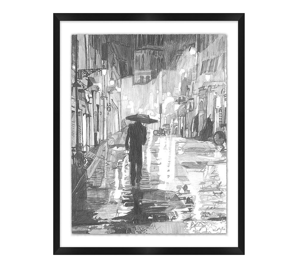 A Man Strolling in Italy on a Rainy Night by AJ Redmond for ArtLifting