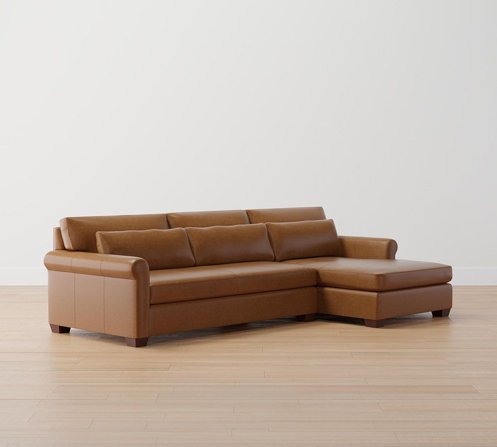York Roll Arm Deep Seat Leather Sofa Double Wide Chaise Sectional