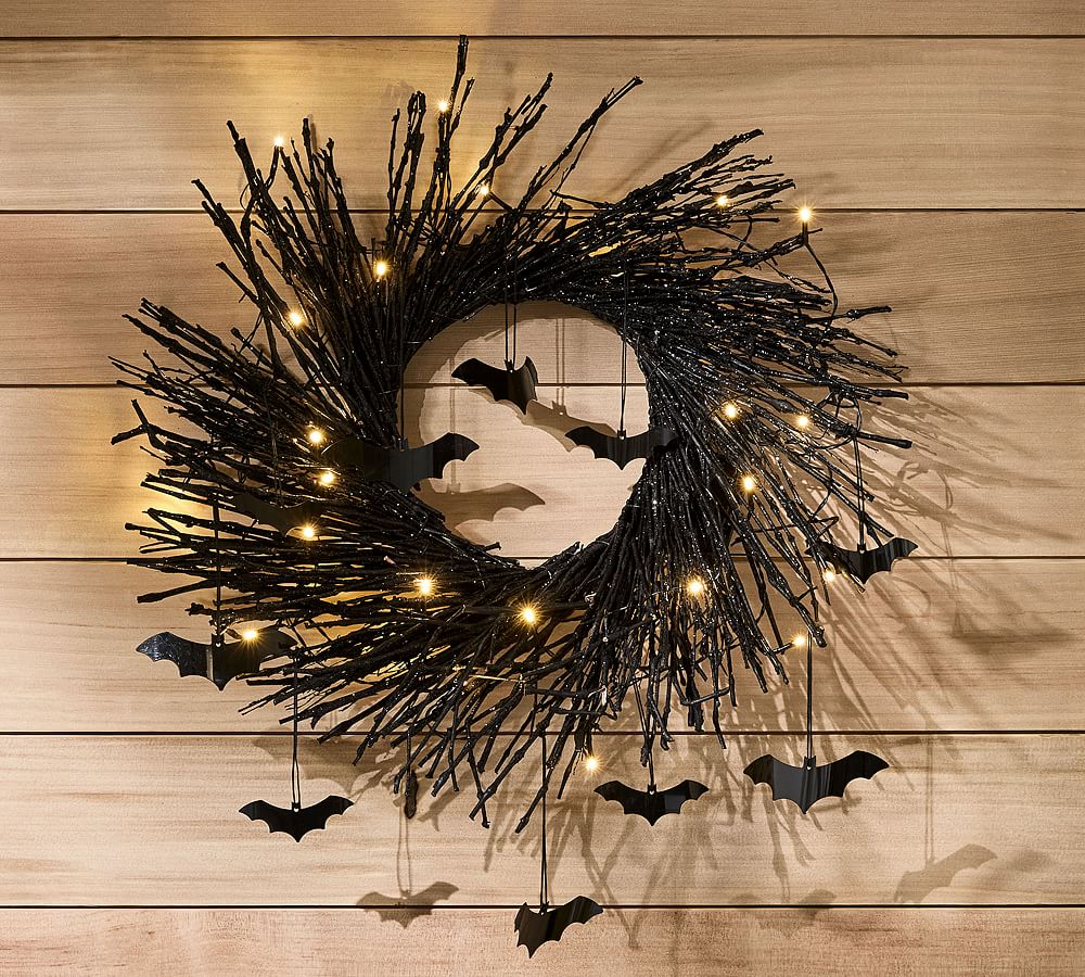 Lit Handcrafted Glitter Branch Wreath with Bats