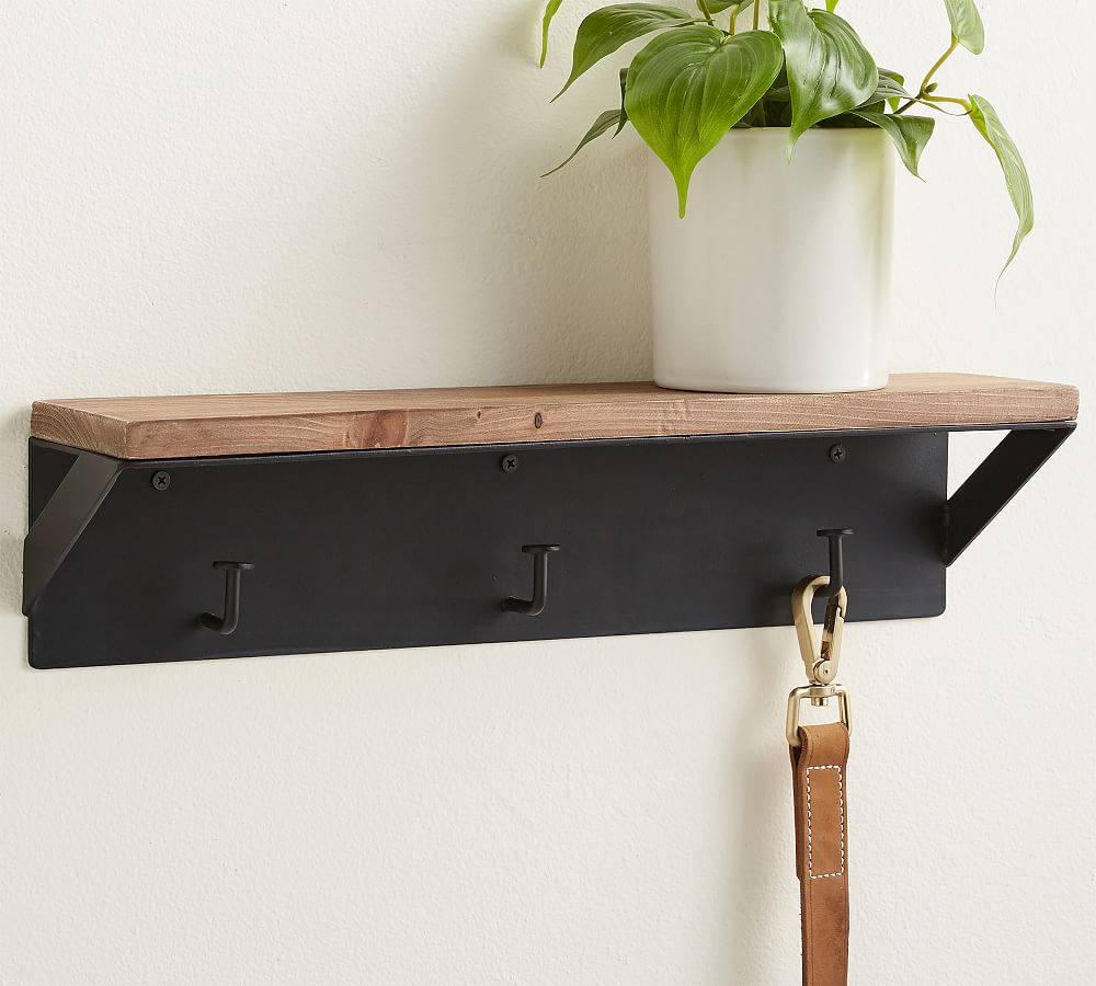 wooden wall shelf with hooks