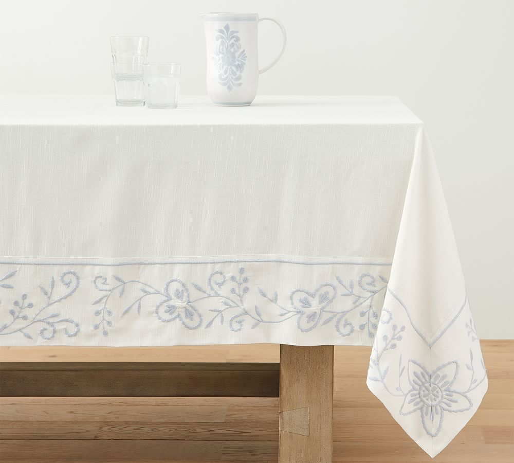 Chambray Floral Embroidered Cotton Tablecloth Pottery Barn