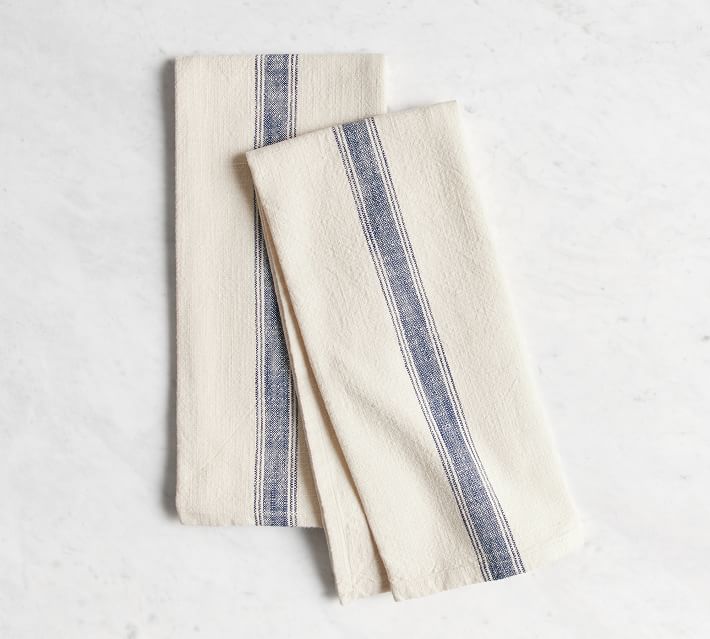 Striped Blue Linen Kitchen Tea Towels Set of 4 