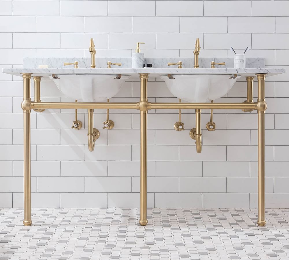 Marble and Nickel Sink Vanity with Vintage Glass Shelf