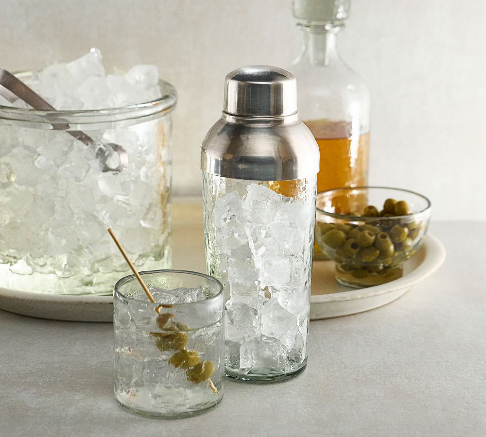 PEBBLED GLASS AND HAMMERED METAL COCKTAIL SHAKER