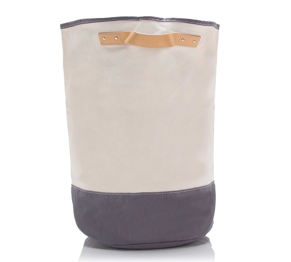 Canvas Gray Laundry Hamper Storage Basket W/ Leather Handles