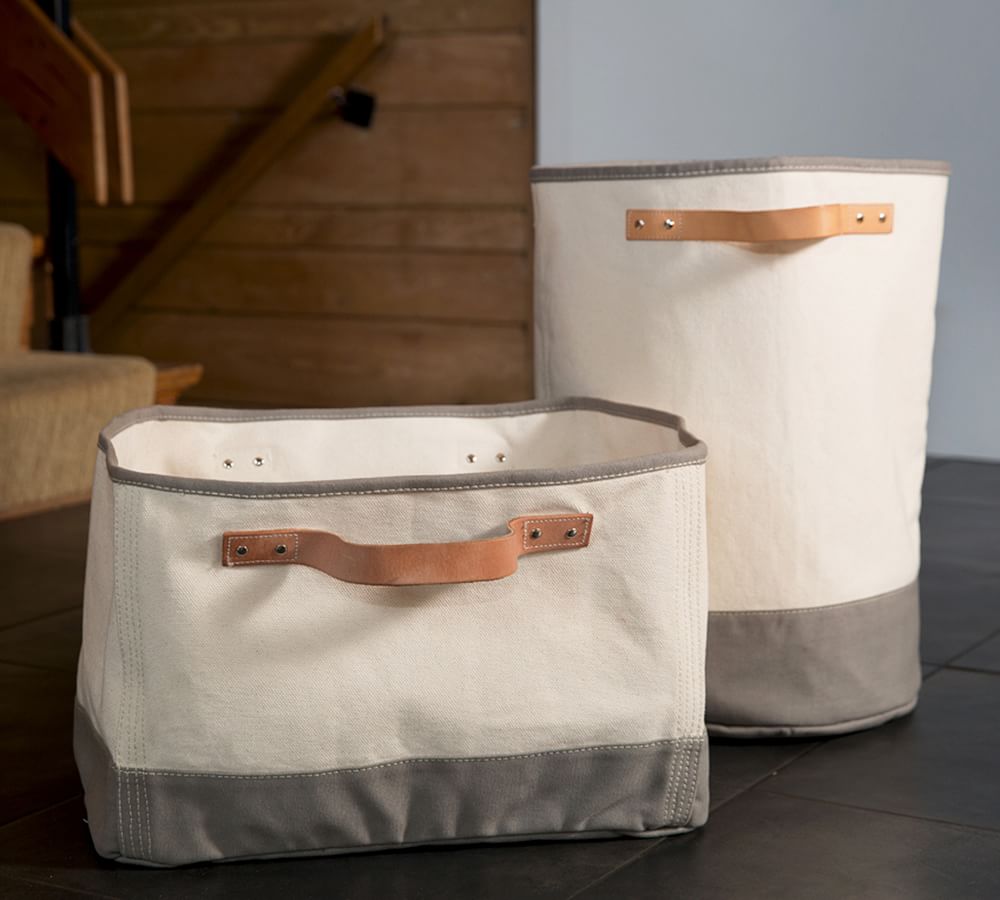 Canvas Gray Laundry Hamper Storage Basket W/ Leather Handles