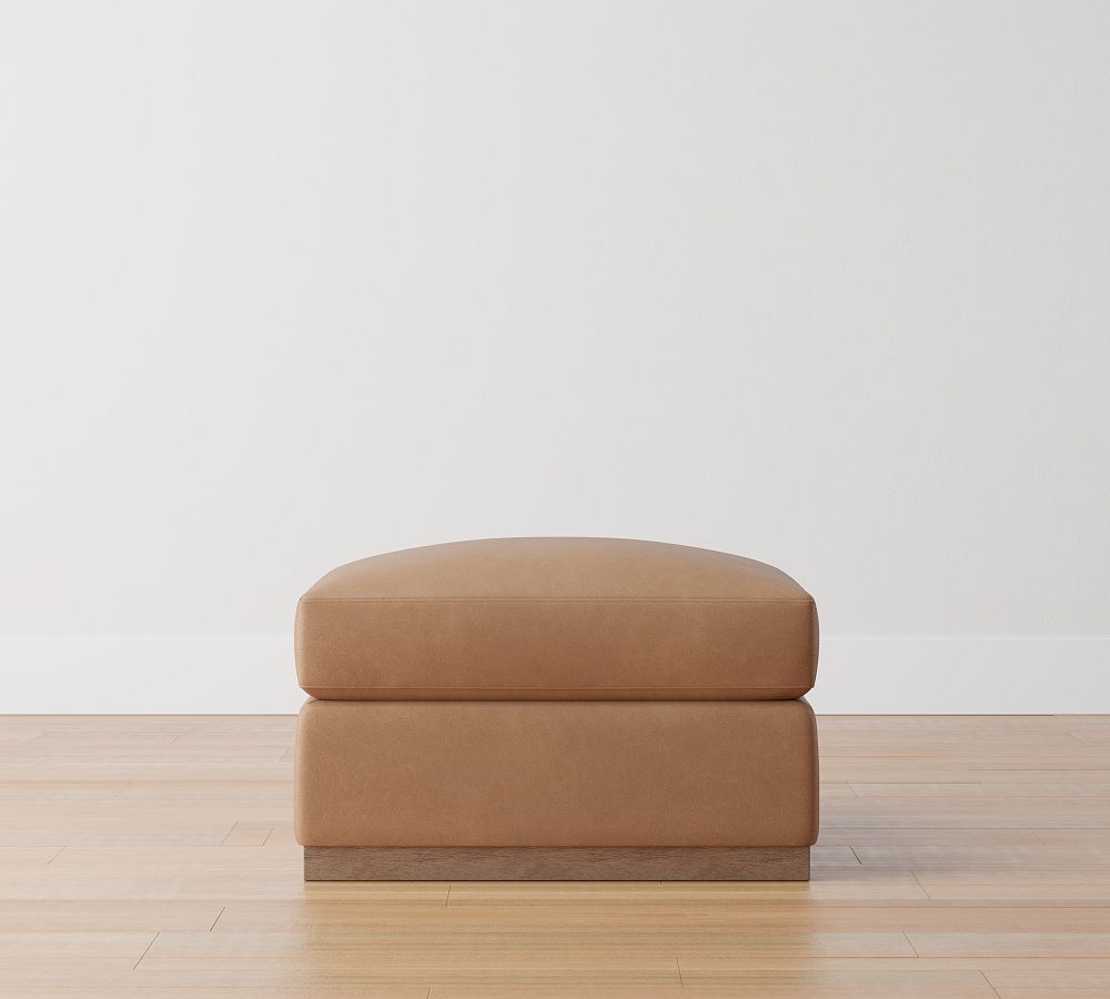 Carmel Recessed Square Arm Leather Ottoman with Wood Base