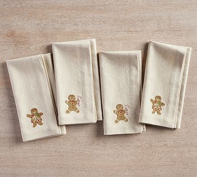 Set of 4 Old Napkins Embroidered in Linen, Square Tea Towels of 24