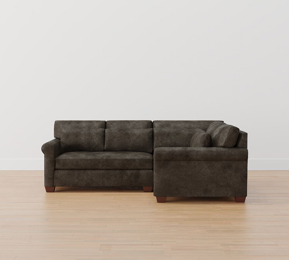 York Roll Arm Deep Seat Leather 3-Piece Sectional with Bench Cushion