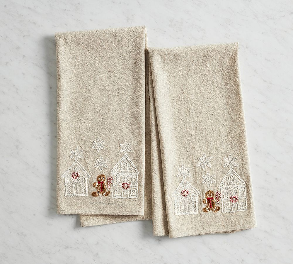 Set of 2 Holiday Tea Towels Featuring Snowflake & Gingerbread Prints
