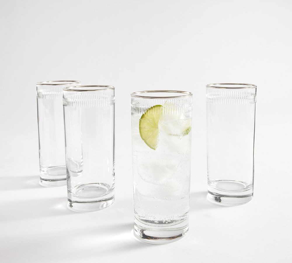 Etched Silver Rim Highball Glasses - Set of 4