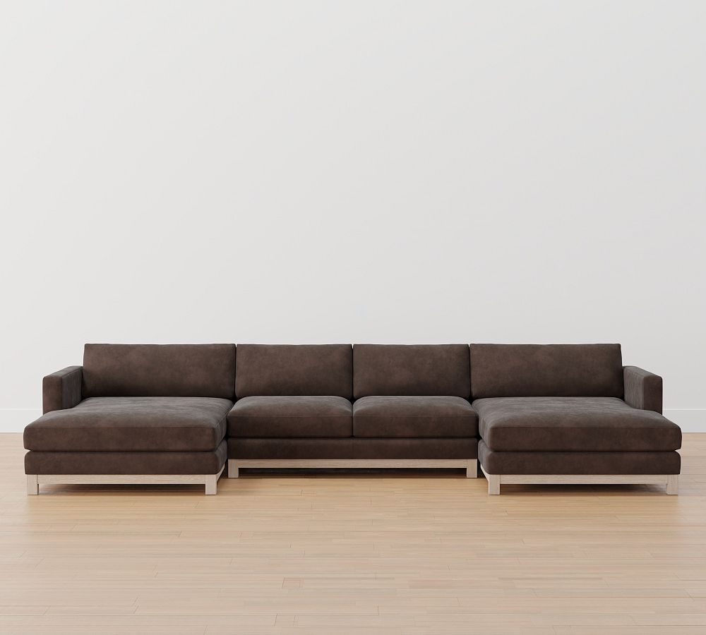 Jake Leather U-Shaped Double Wide Chaise Sectional with Seadrift Wood Base