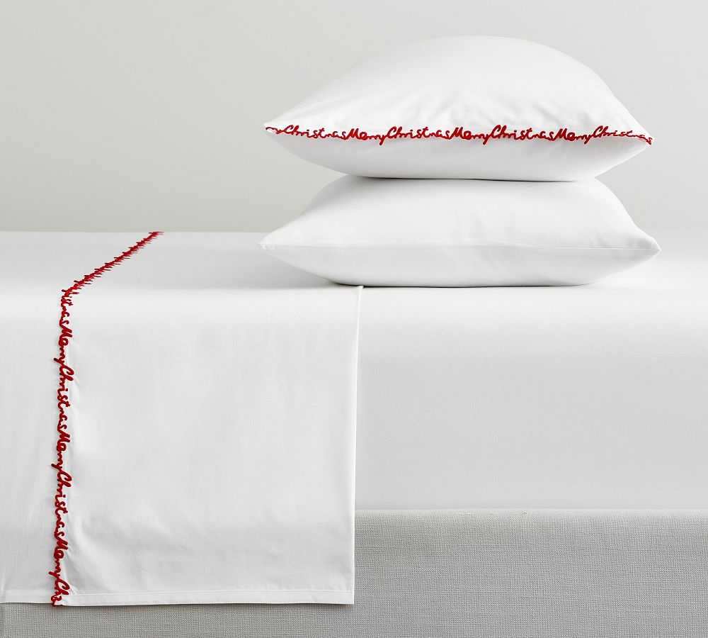 Merry Christmas Embroidered Percale Sheet Set