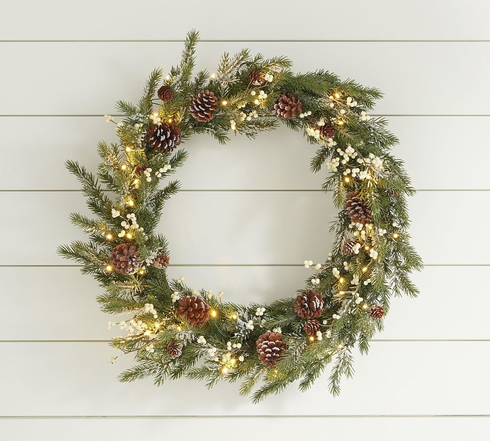 Lit Faux Frozen Pine & White Berry Wreath & Garland