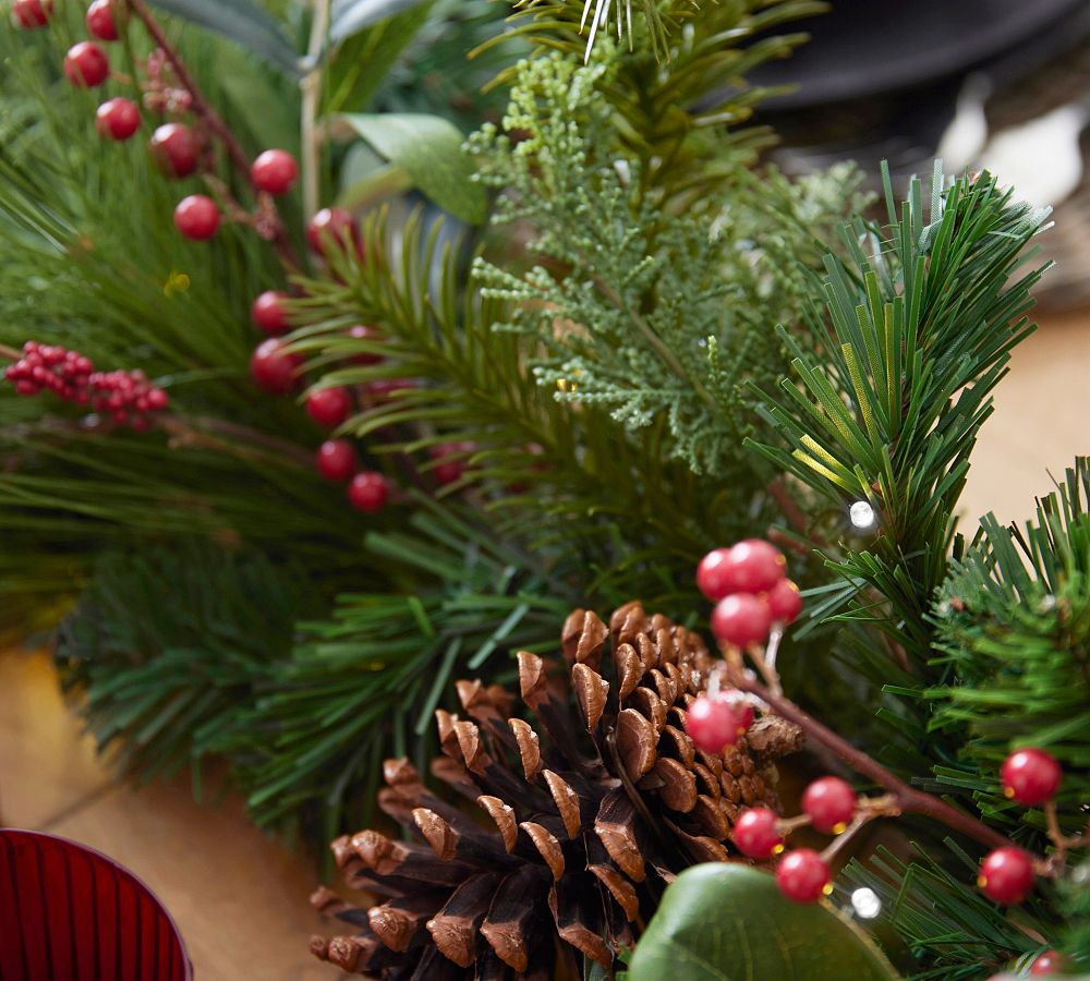 Lit Faux Pine & Berries Wreath & Garland Pottery Barn
