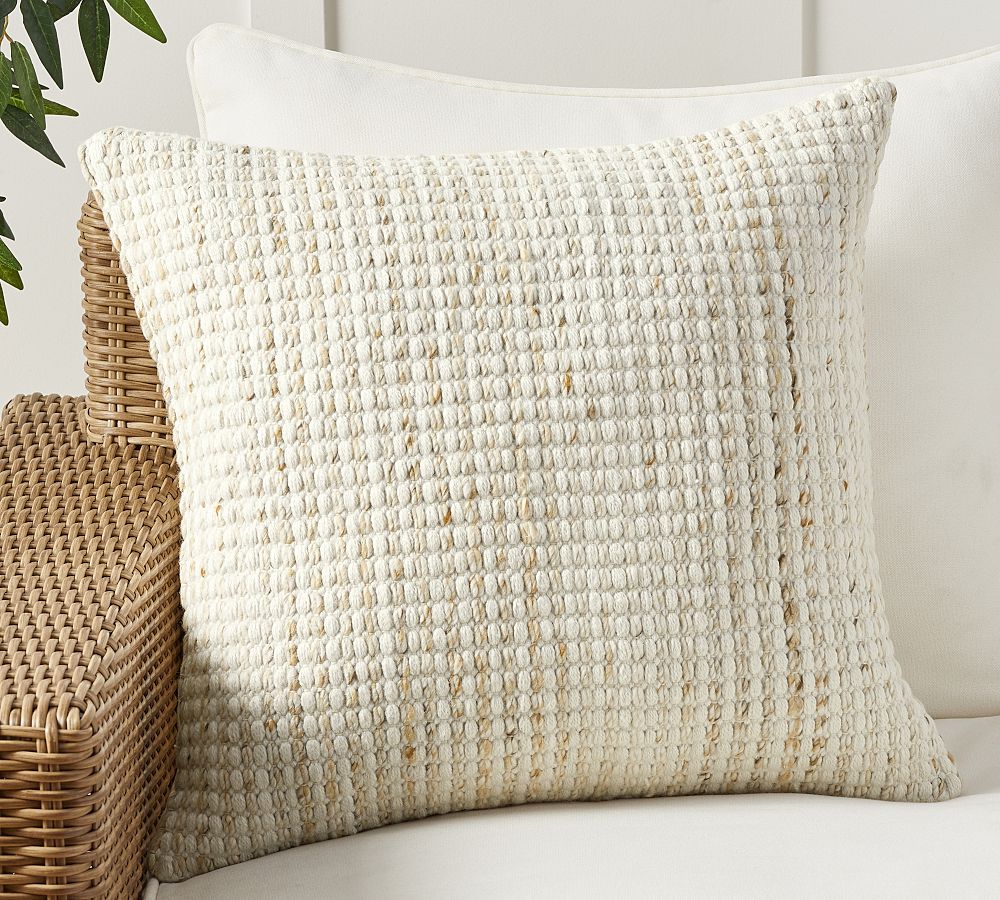 Essential White Boucle With Leather Piping Lumbar Throw Pillow