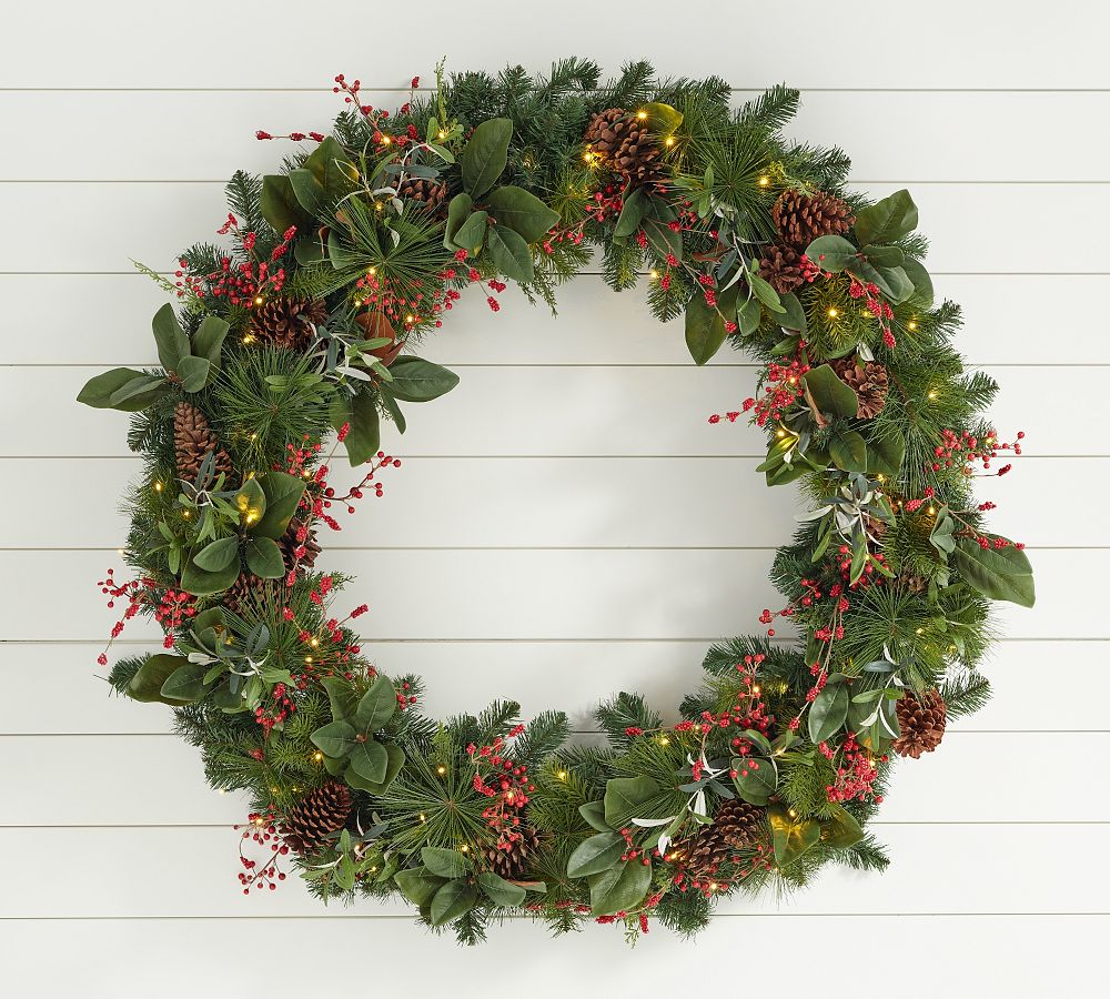 Lit Faux Pine & Berries Wreath & Garland Pottery Barn