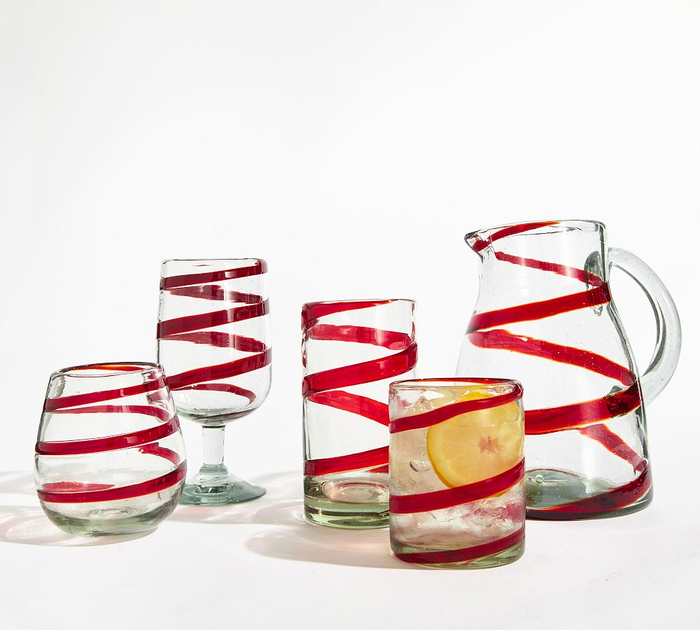 Wine Glasses / Red Swirl Ribbon Wine Glasses /blown Glass Wine