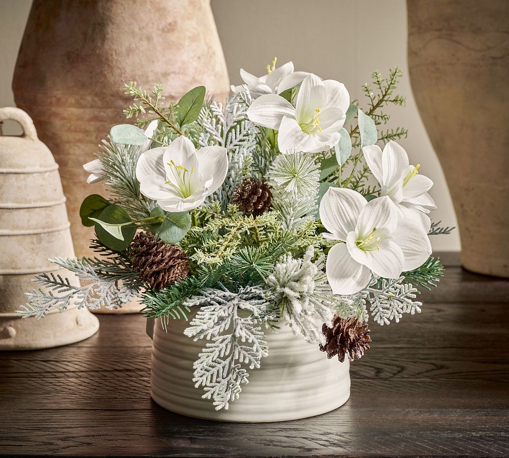 Faux Frosted White Amaryllis & Winter Greens Arrangement