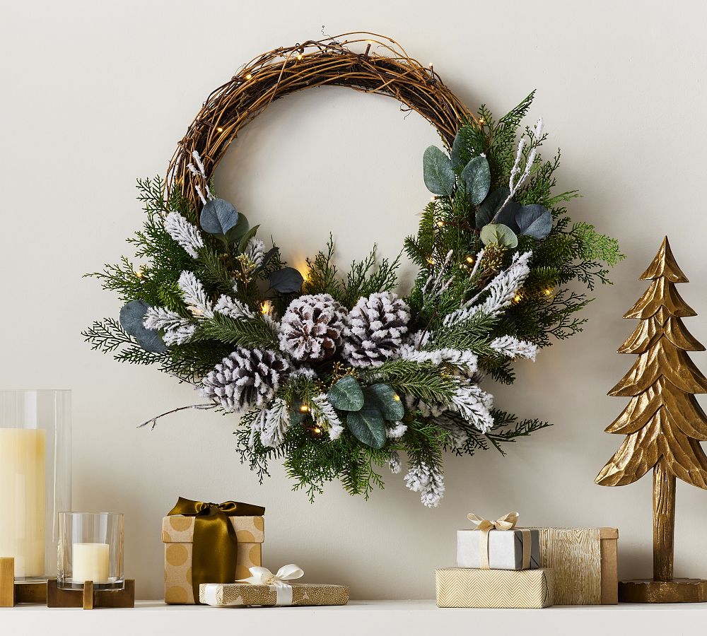 Lit Faux Frosted Greens & Pinecones Wreath & Garland | Pottery Barn