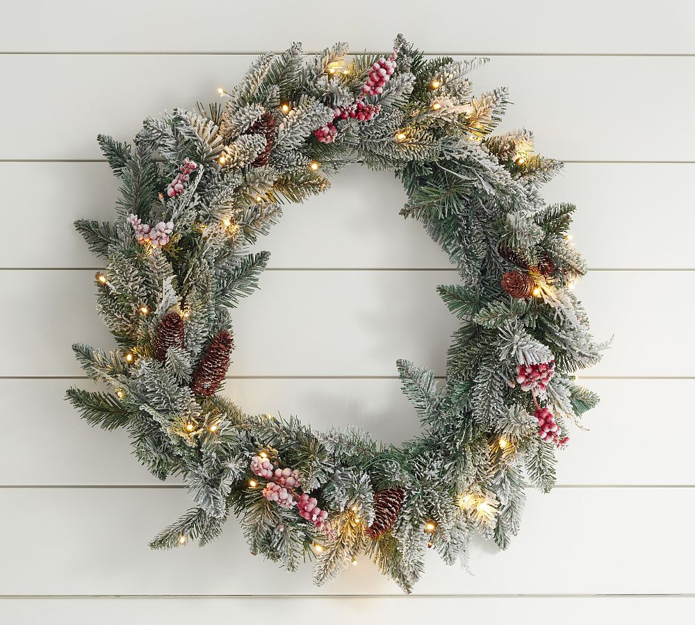 Lit Faux Frosted Pine and Berries Wreath & Garland | Pottery Barn