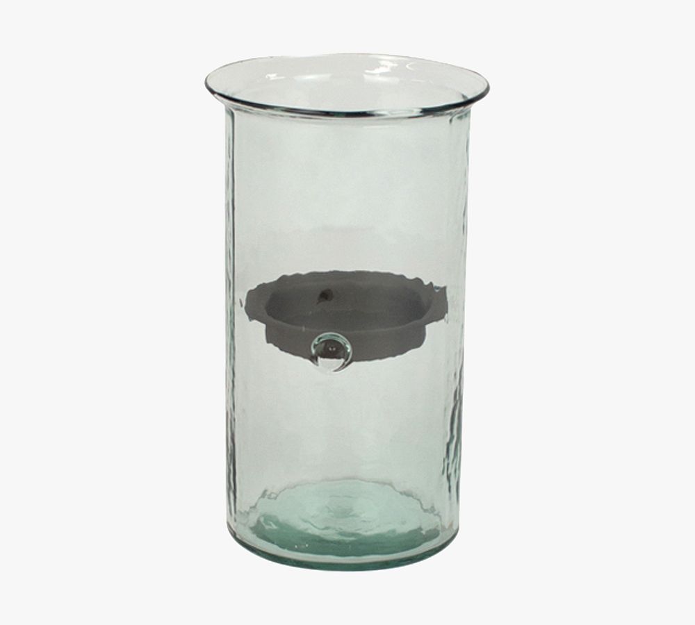 Handmade Glass Hurricane Candleholder With Rustic Tray
