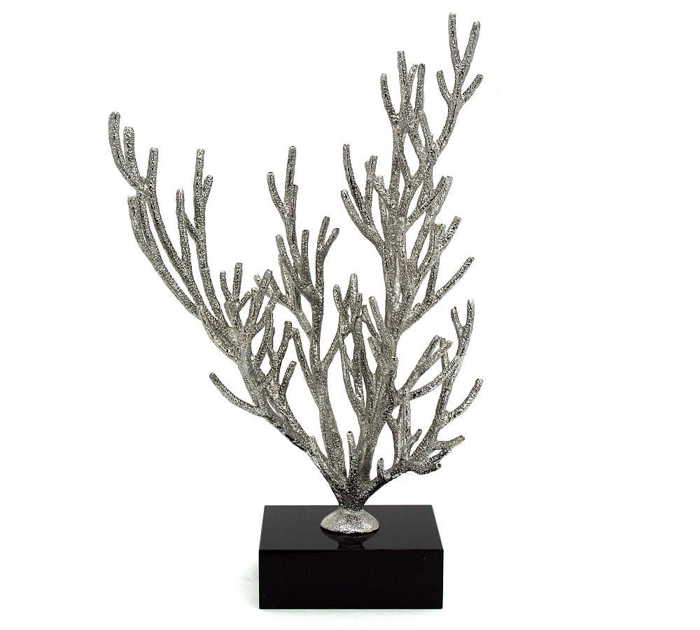 Metal Gorgonian Coral on Black Glass Base Object