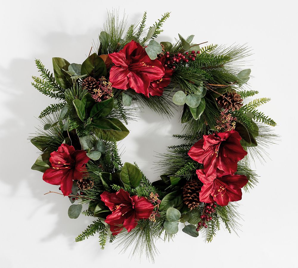 Faux Amaryllis & Pinecones Wreath & Garland
