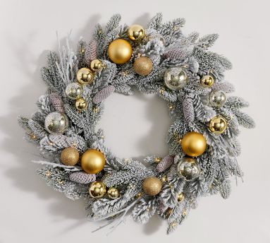 Lit Faux Frosted Pine & Ornaments Wreath & Garland | Pottery Barn