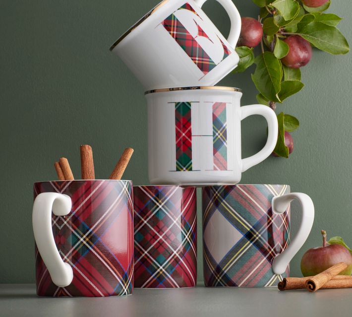 Ceramic Coffee Mug With Saucer And Spoon, Plaid Pattern Coffee