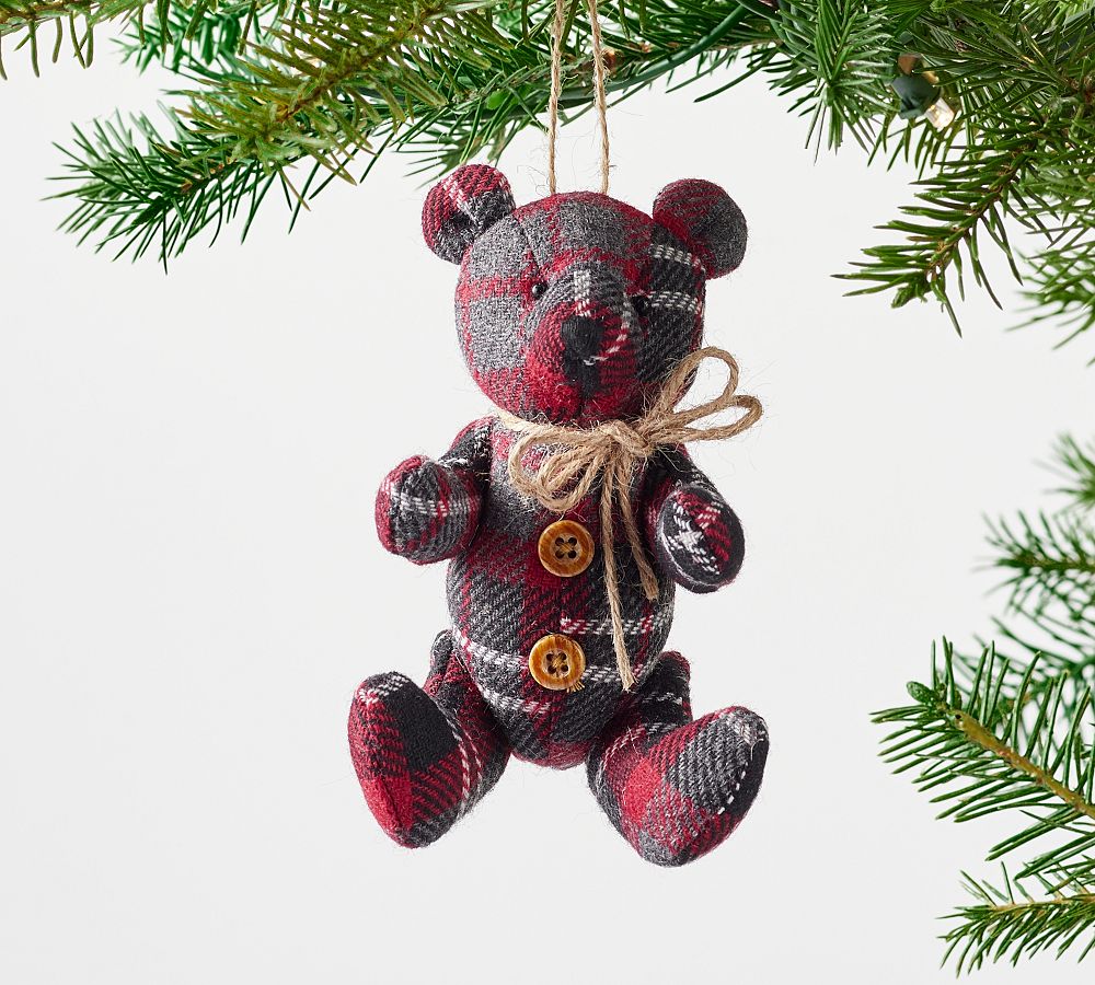 Christmas papa bear ornament, green plaid bear wood slice ornament