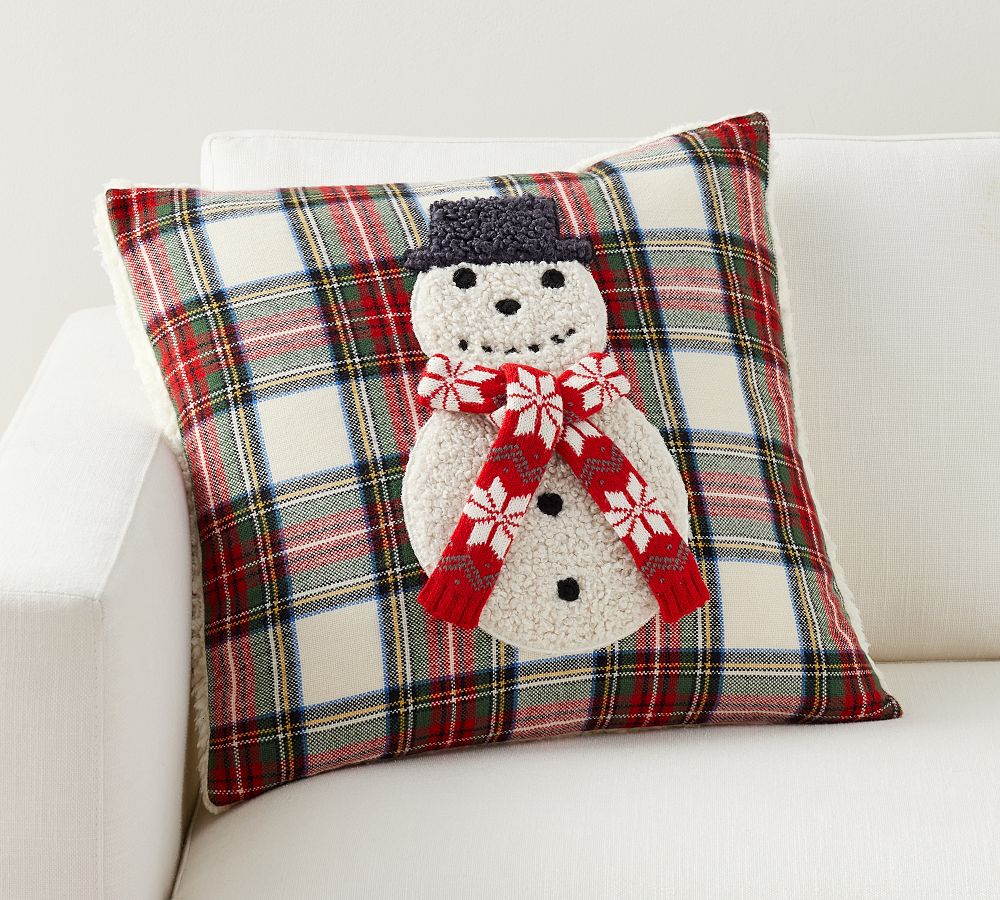 Archie the Snowman Applique Plaid Pillow