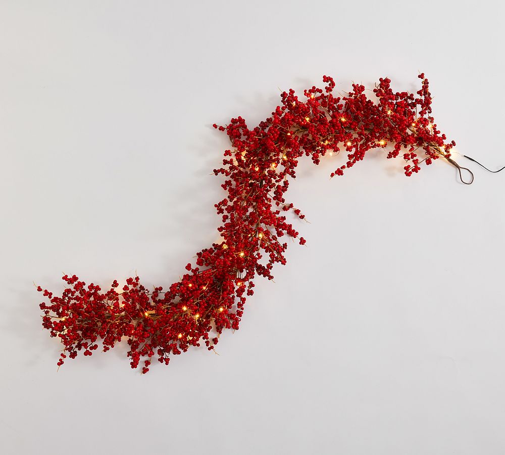 Lit Faux Red Berry Wreath & Garland