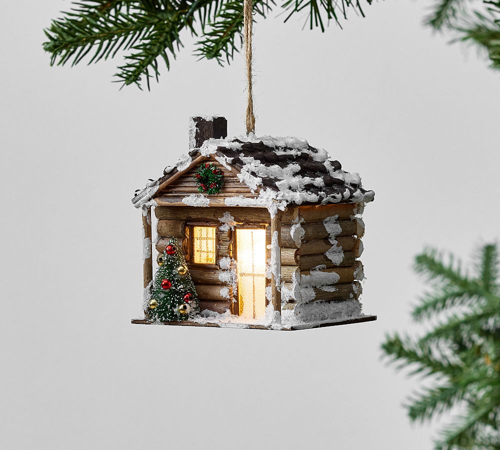 Lit Snowy Cabin Ornament