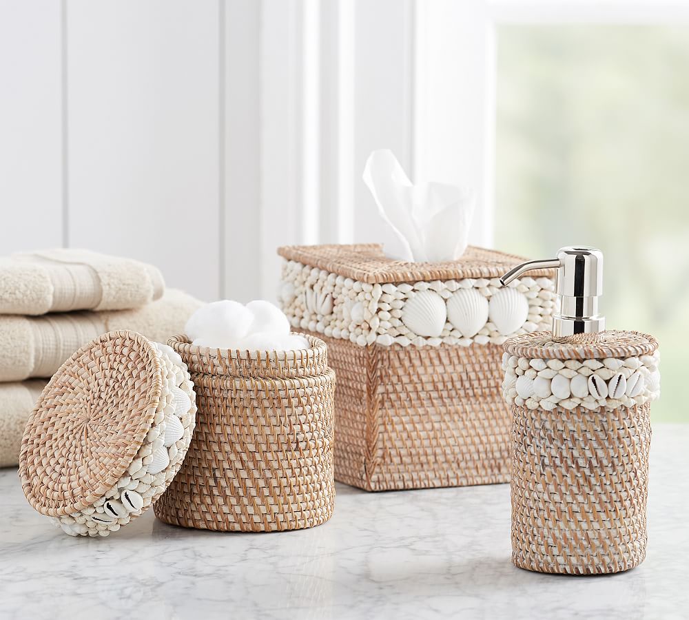 Shell Rimmed Rattan Bath Accessories Pottery Barn